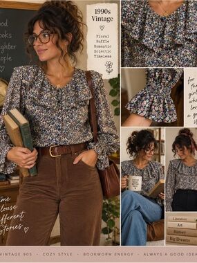 krazy kat Navy Floral Ruffle Collar Blouse 90s vibes vintage